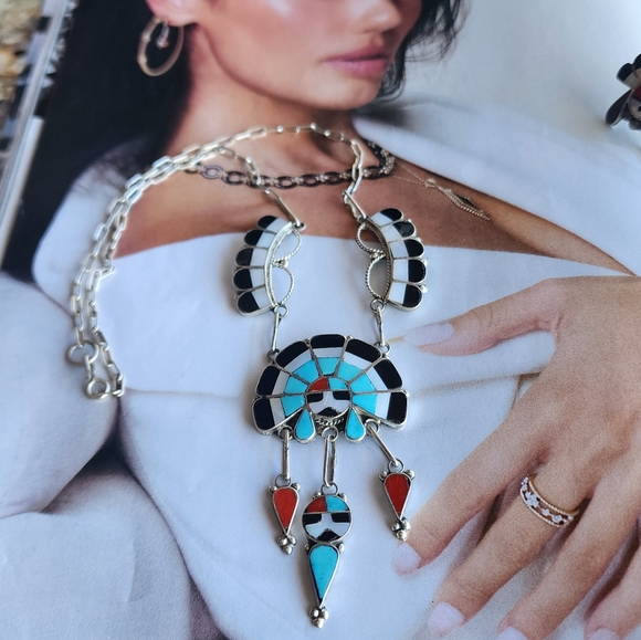 Native American Jewelry - Elegant Zuni Sterling Silver and Turquoise Necklace Set (Comes w/ Matching Ring)